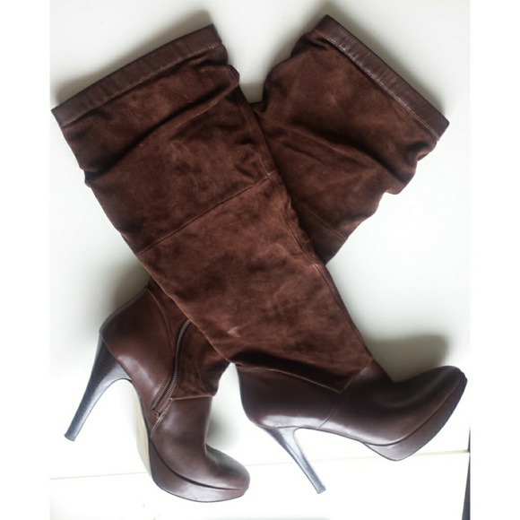 Leather & Suede Tall Platform Heel Boots - Picture 1 of 8